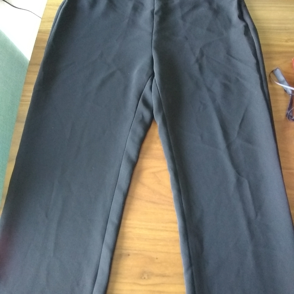 Black dress pants, Straight leg.